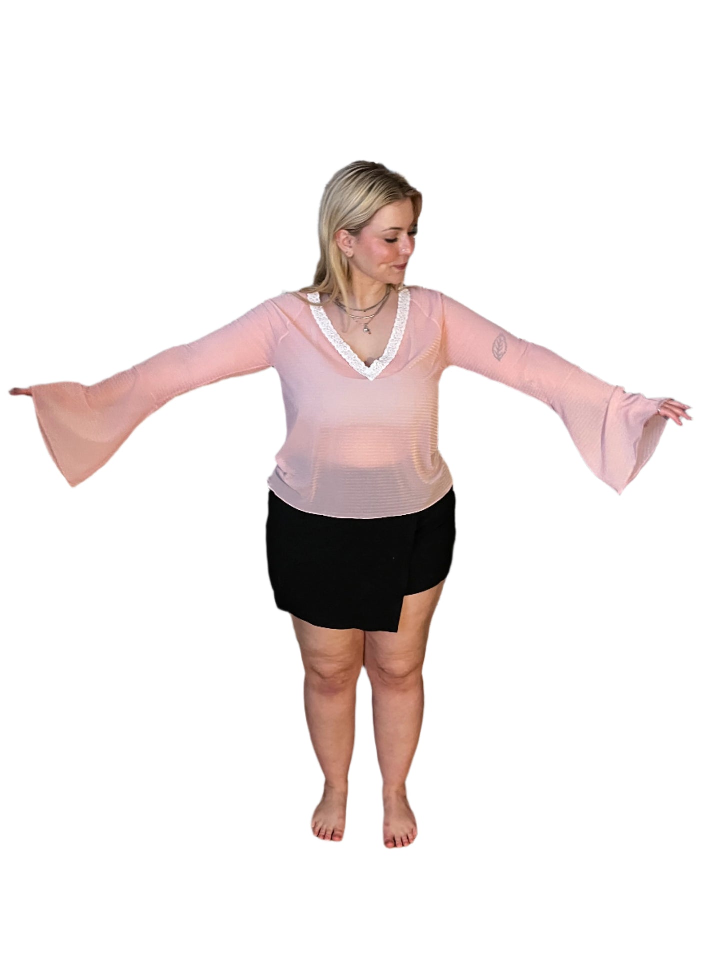 RTS Della Raglan Sleeve Shirt (Sheer pink stripe with White lace) (SZ L)