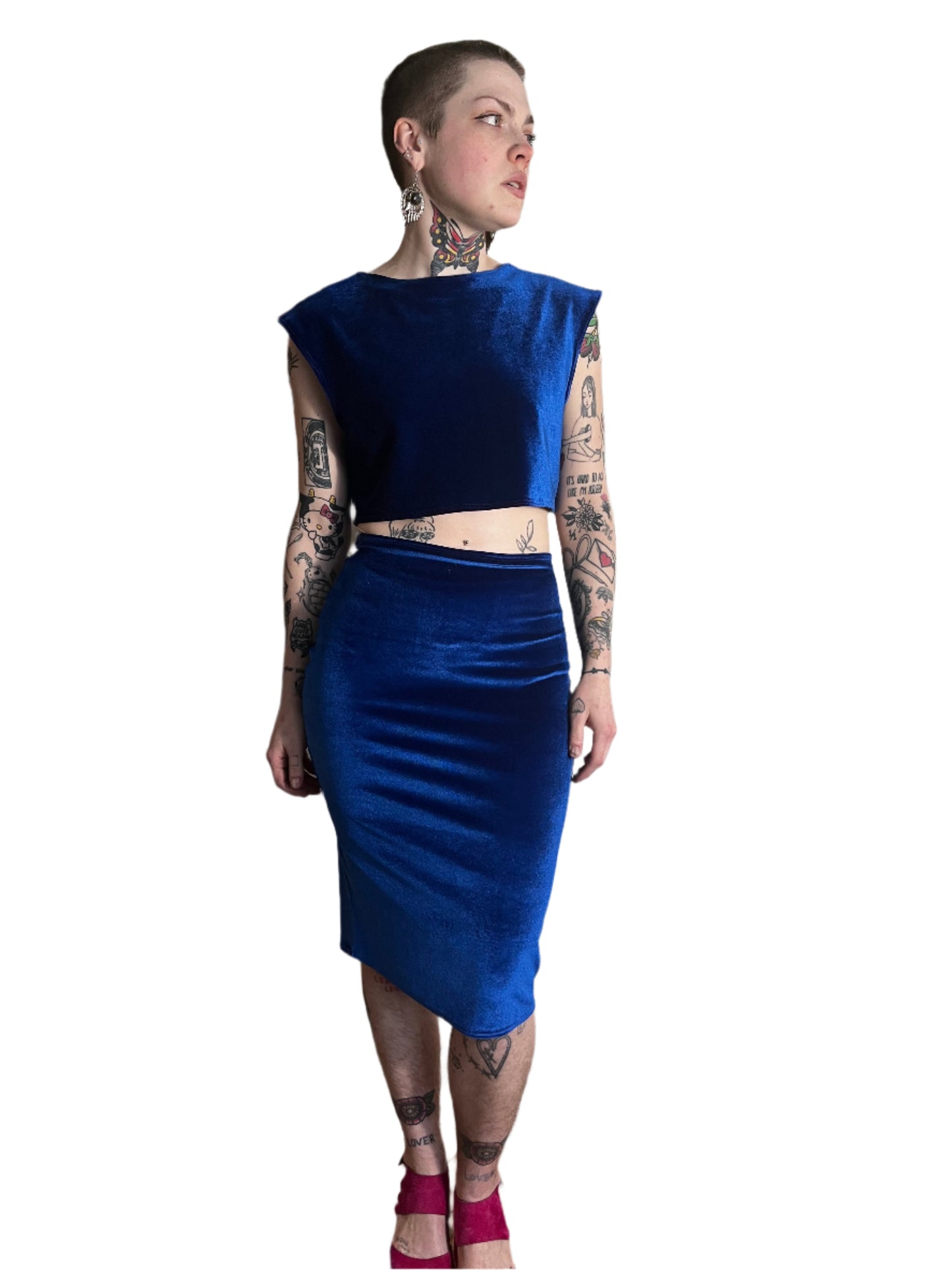 RTS EVAN PENCIL SKIRT —blue stretch velvet
