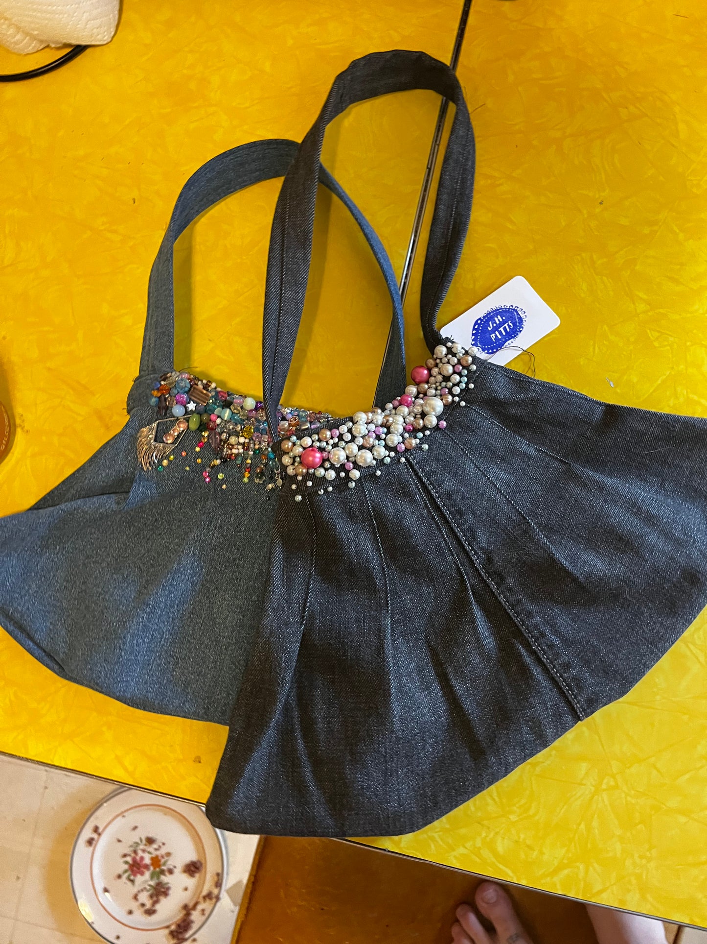 RTS Beaded Jurse (Black Jean Skirt Purse, Pearls)
