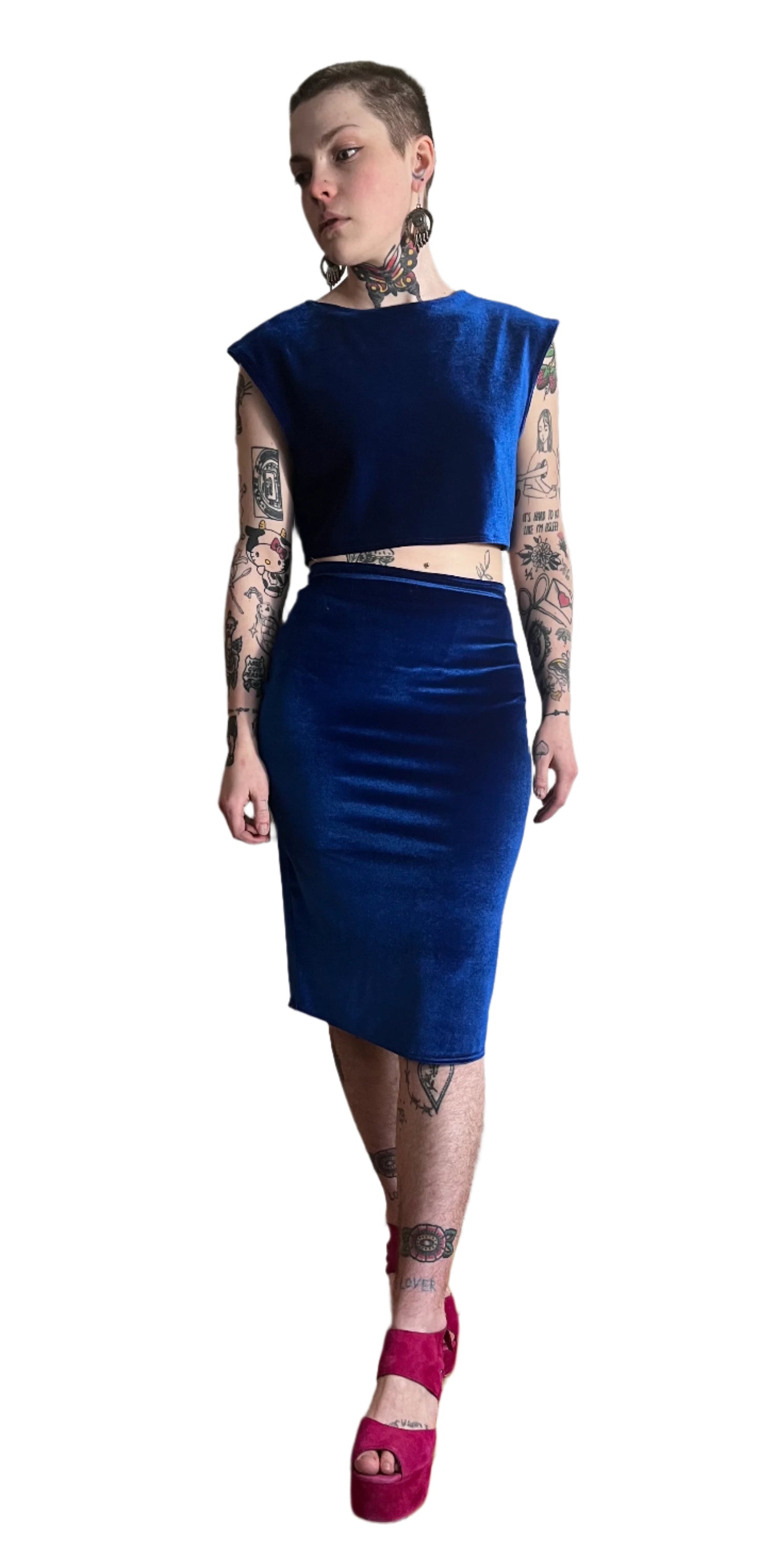 RTS EVAN PENCIL SKIRT —blue stretch velvet