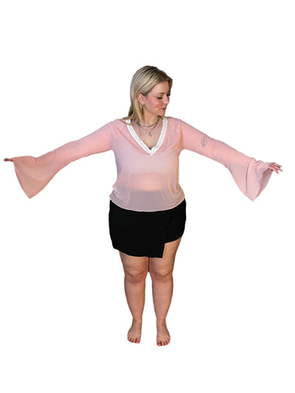 RTS Della Raglan Sleeve Shirt (Sheer pink stripe with White lace) (SZ L)