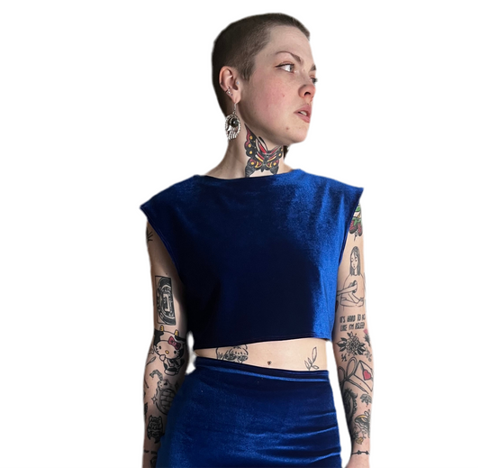 RTS LILY TOP —blue stretch velvet size XS/S