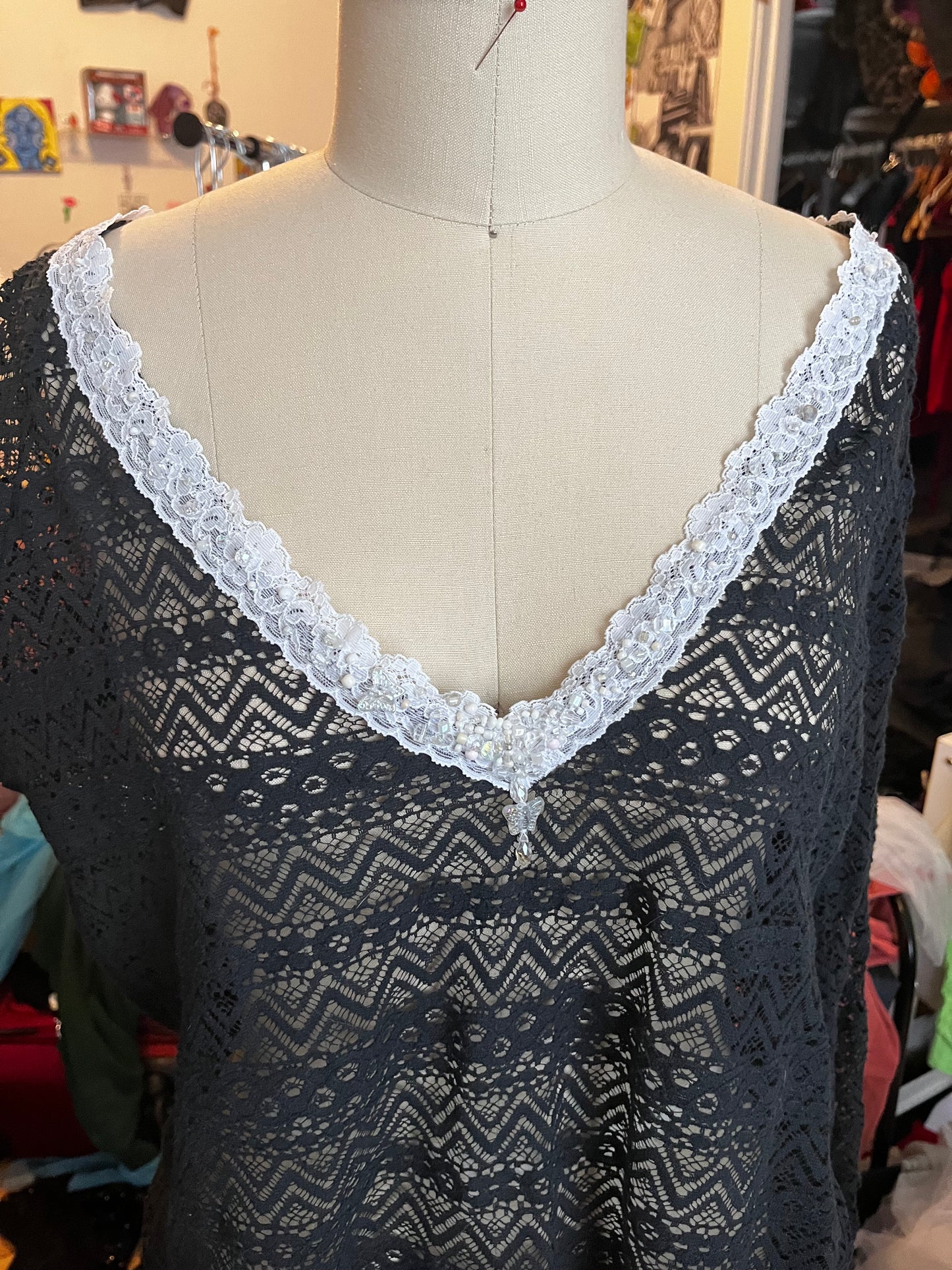 RTS Della Flare Raglan Sleeve (deep navy lace, beaded) Sz S/M