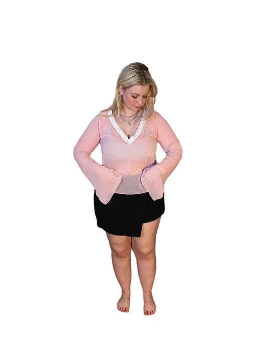 RTS Della Raglan Sleeve Shirt (Sheer pink stripe with White lace) (SZ L)